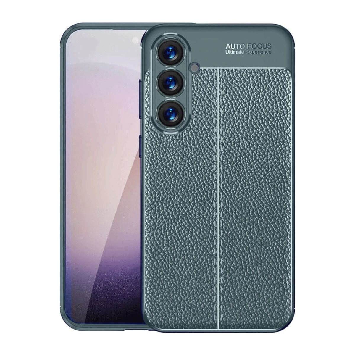 Üç kameralı, deri dokulu gri telefon kılıfı.