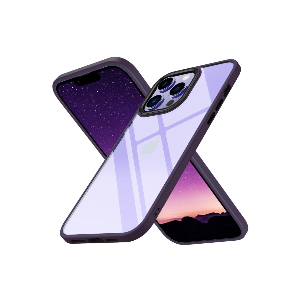 Şeffaf arka ve koyu çerçeveli iki mor iPhone kılıfı.