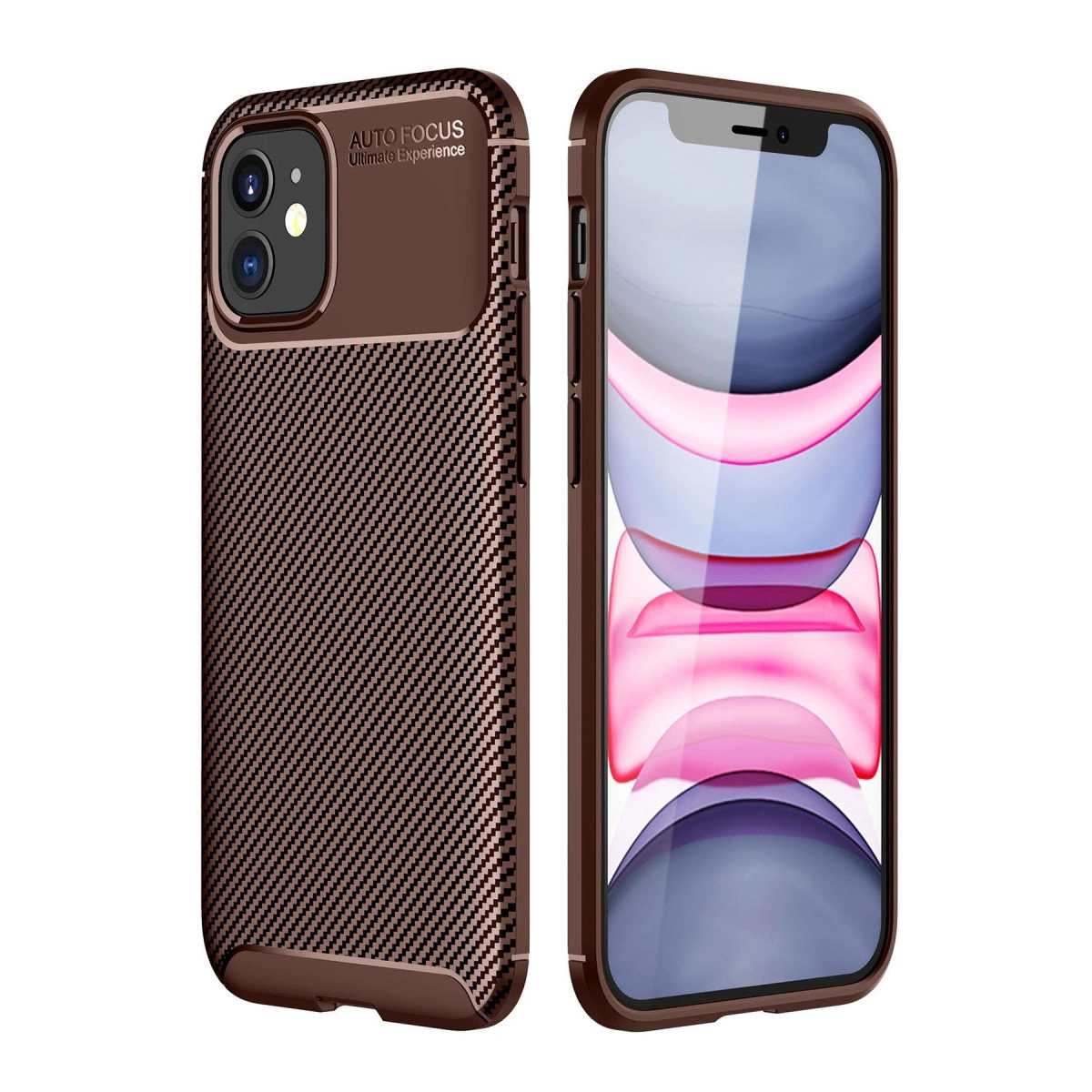 NEWFACE iPhone 12 Mini Uyumlu Auto Focus Karbon Kapak Telefon Kılıfı Kahverengi