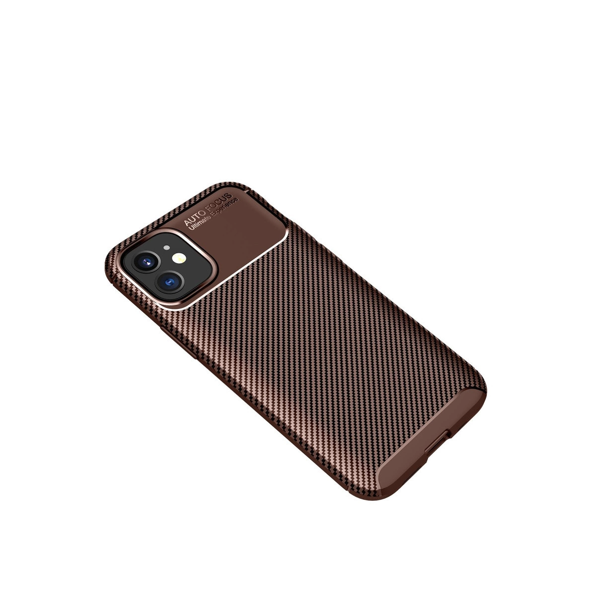 Karbon desenli ve kamera kesimli kahverengi telefon kılıfı.