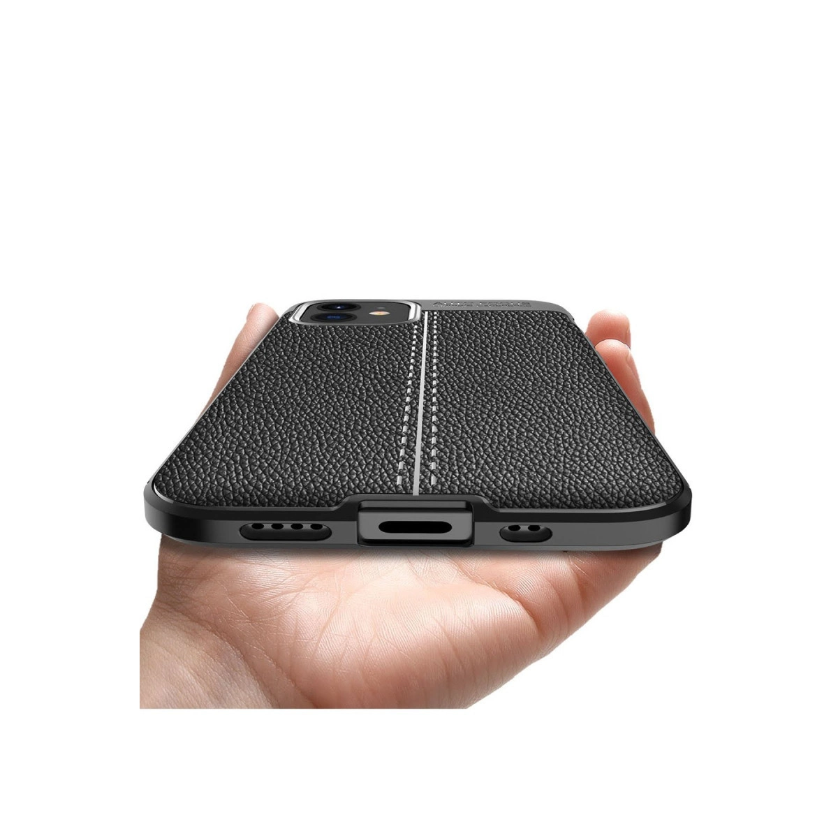 Bir el, deri dokulu ve dikişli siyah telefon kılıfı tutuyor.