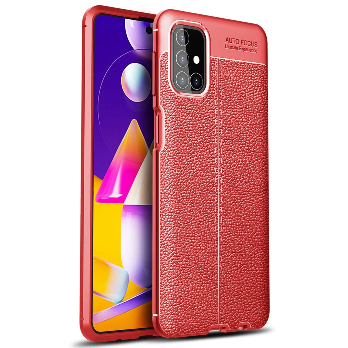 Deri dokulu kırmızı telefon kılıfı, kamera adası mevcut.