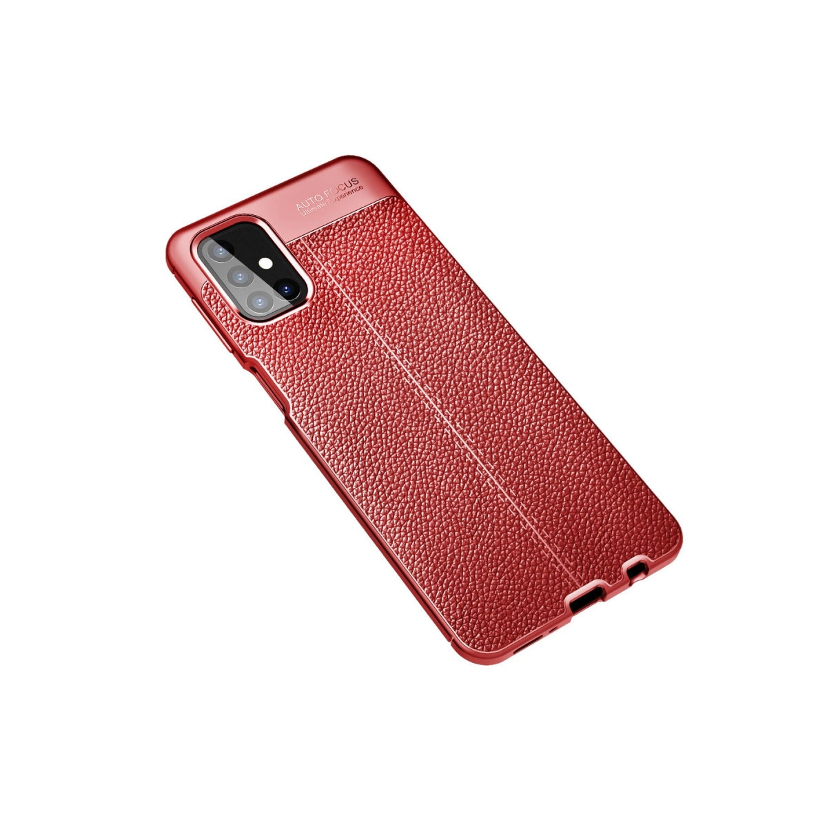 Kamera modüllü, kırmızı dokulu deri telefon kılıfı.