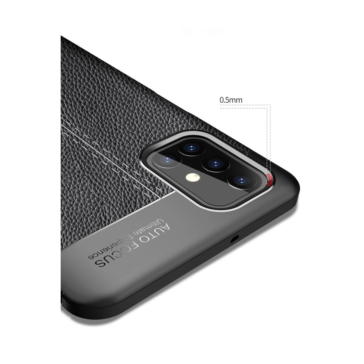 Dokulu siyah telefon kılıfı ve kamera sistemi. 0.5mm kalınlık.