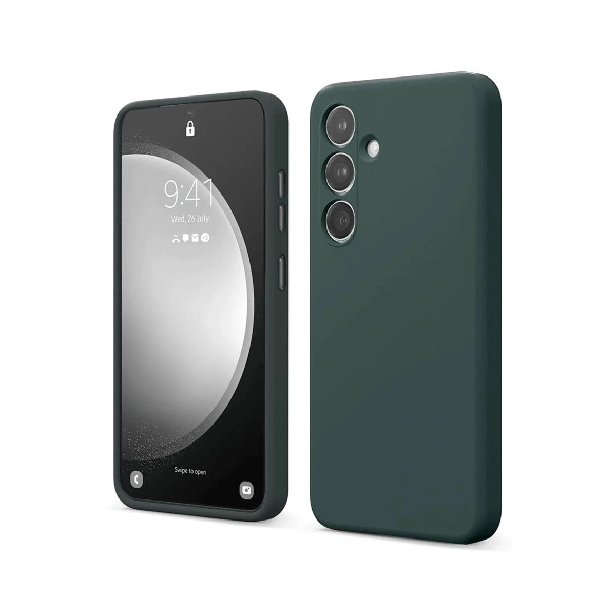 Kılıflı koyu renkli bir telefon ve yeşil kılıflı bir telefon.