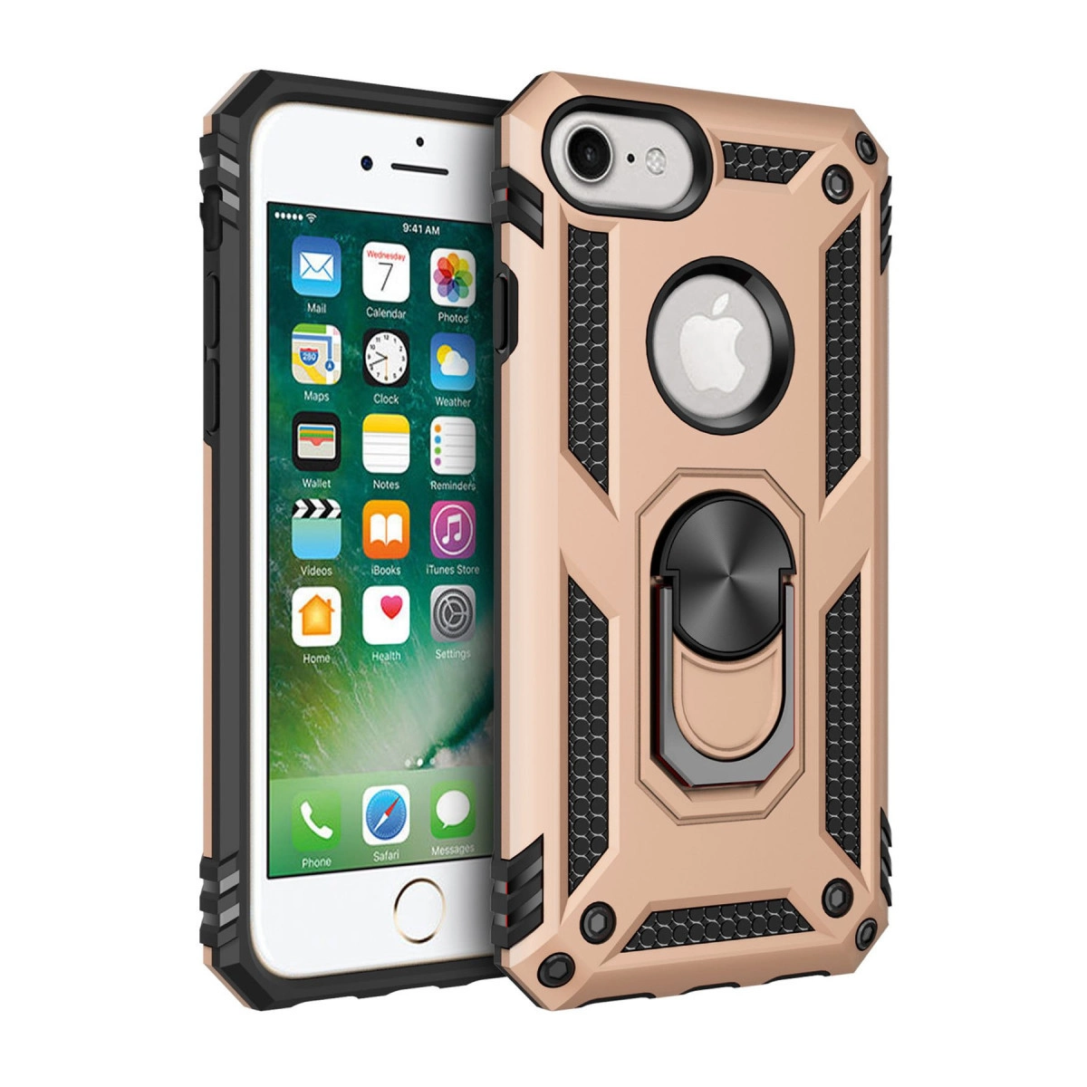 iPhone'un yanında altın rengi telefon kılıfı ve stant.