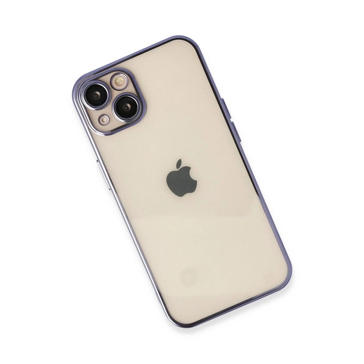 Mor çerçeveli ve arkasında Apple logosu olan bir telefon.