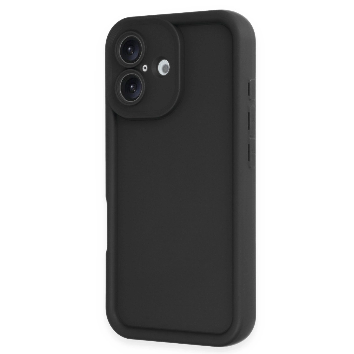 Beyaz arka plan üzerinde çift kamera lensli ve flaşlı siyah telefon kılıfı.