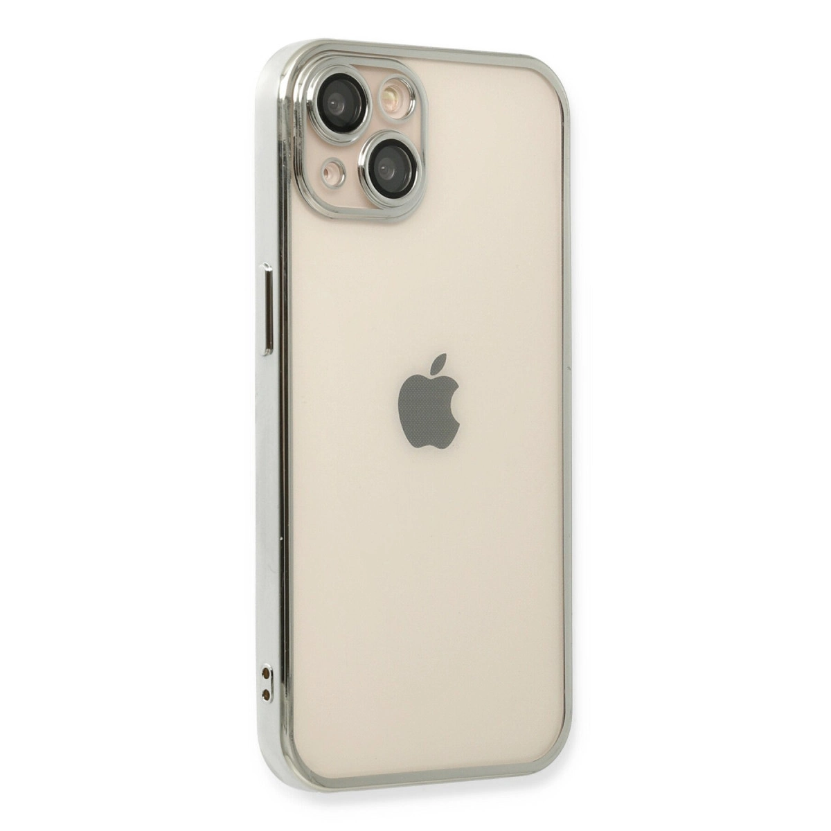 Gümüş çerçeveli ve çift kameralı açık renkli iPhone'un arkası.