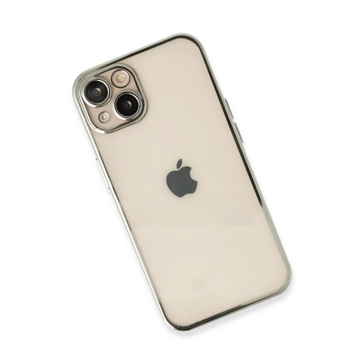 Gümüş kenarlı şeffaf iPhone 11 Pro, beyaz arka plan üzerinde.