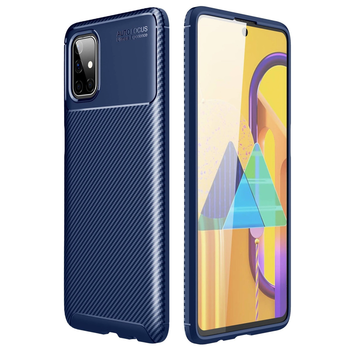 Karbon fiber desenli ve kamera kesimli mavi telefon kılıfı.