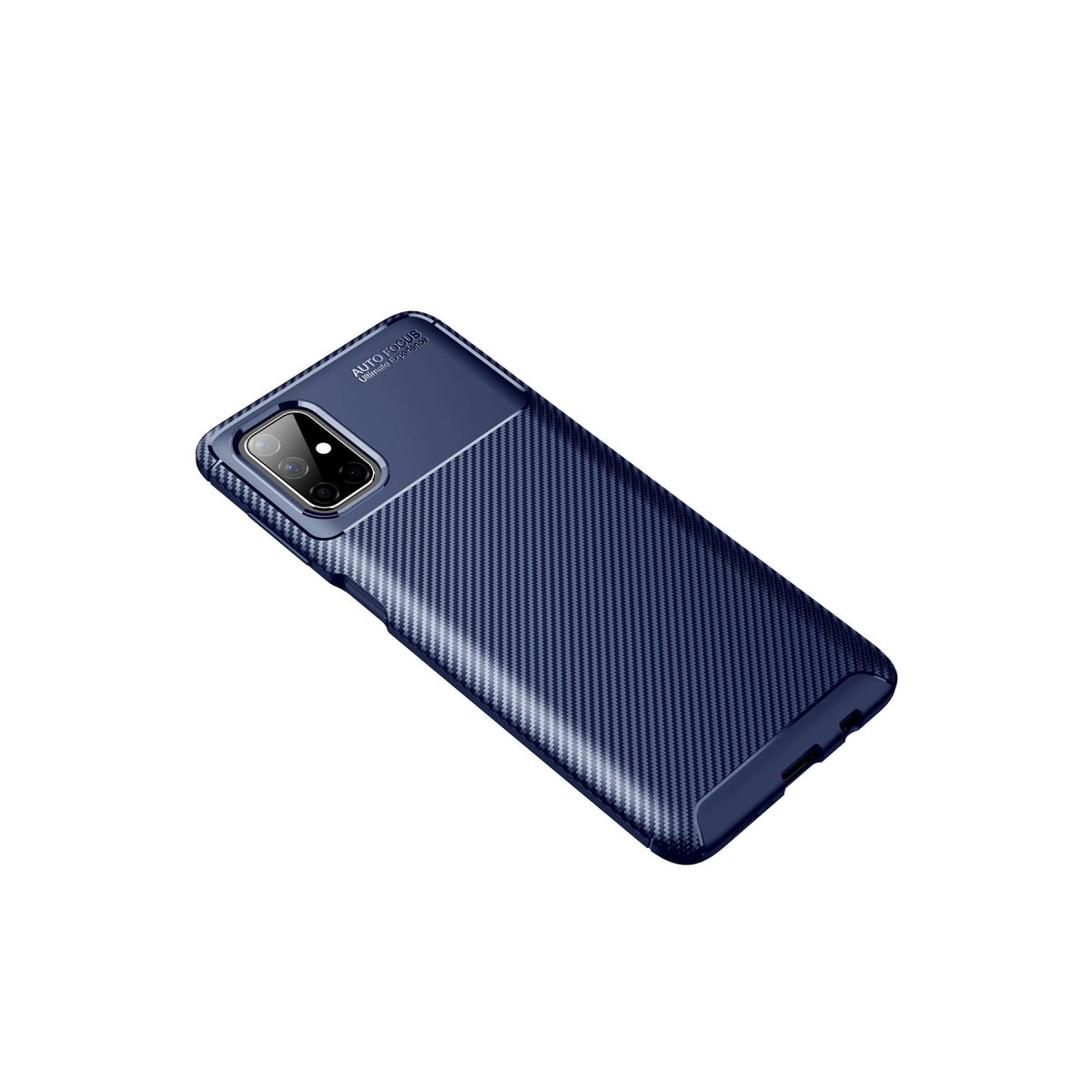 Karbon fiber desenli lacivert telefon kılıfı ve kamera modülü.