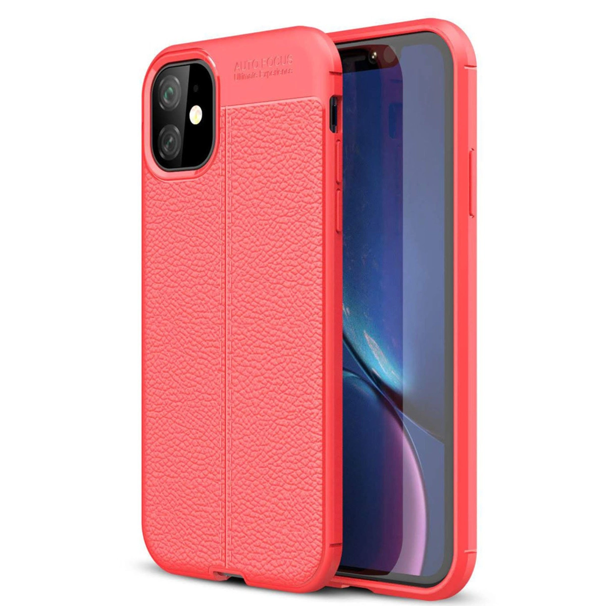 Dokulu arkaya ve görünür kamera modülüne sahip kırmızı telefon kılıfı.
