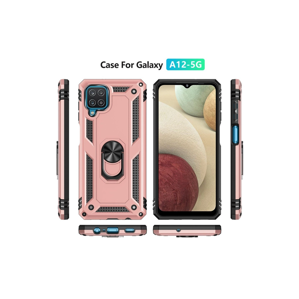 Samsung Galaxy A12-5G için halka tutuculu pembe telefon kılıfı.