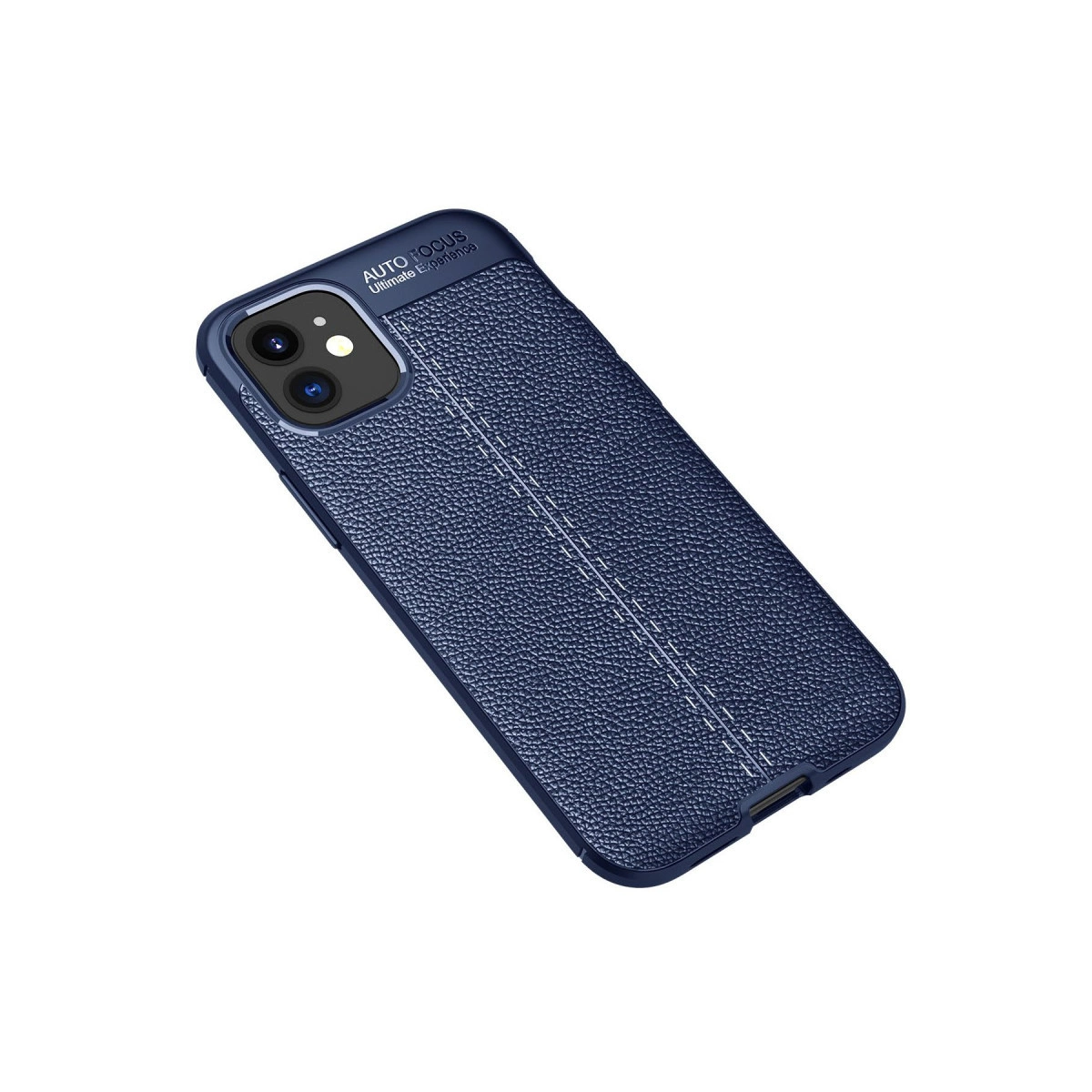 Deri dokulu ve süs dikişli lacivert telefon kılıfı.