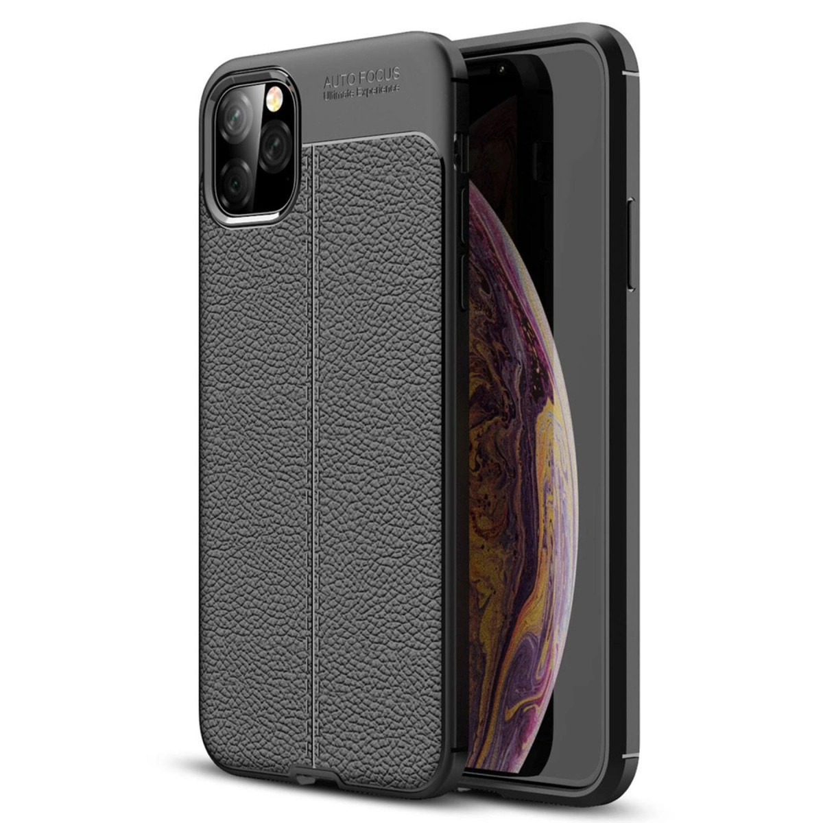 Üç kamera lensli, gri, deri dokulu telefon kılıfı.