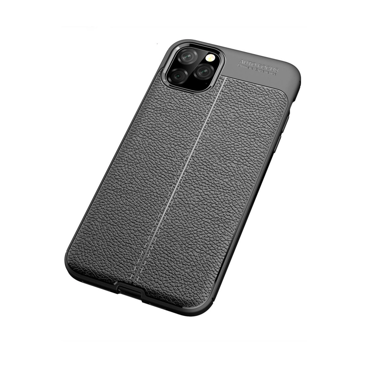 Üçlü kamera lensli, siyah, dokulu deri telefon kılıfı.