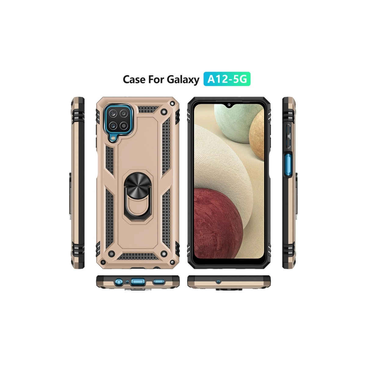 Halka tutuculu altın rengi Galaxy A12-5G kılıfı, farklı açılardan gösterilmiştir.