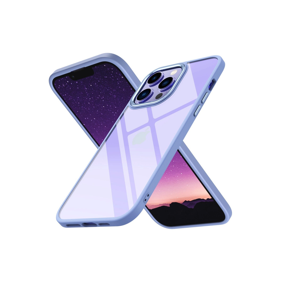 İki mor iPhone kılıfı, biri yıldızlı gökyüzü, diğeri dağ manzarası gösteriyor.
