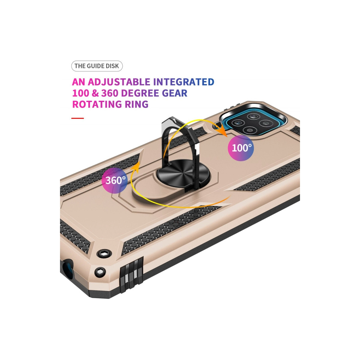 360° ve 100° için dönen halka tutuculu altın rengi telefon kılıfı.