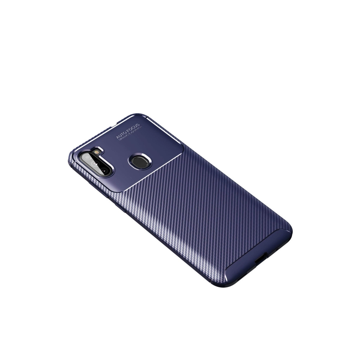 Karbon fiber desenli, parmak izi sensörlü lacivert telefon kılıfı.