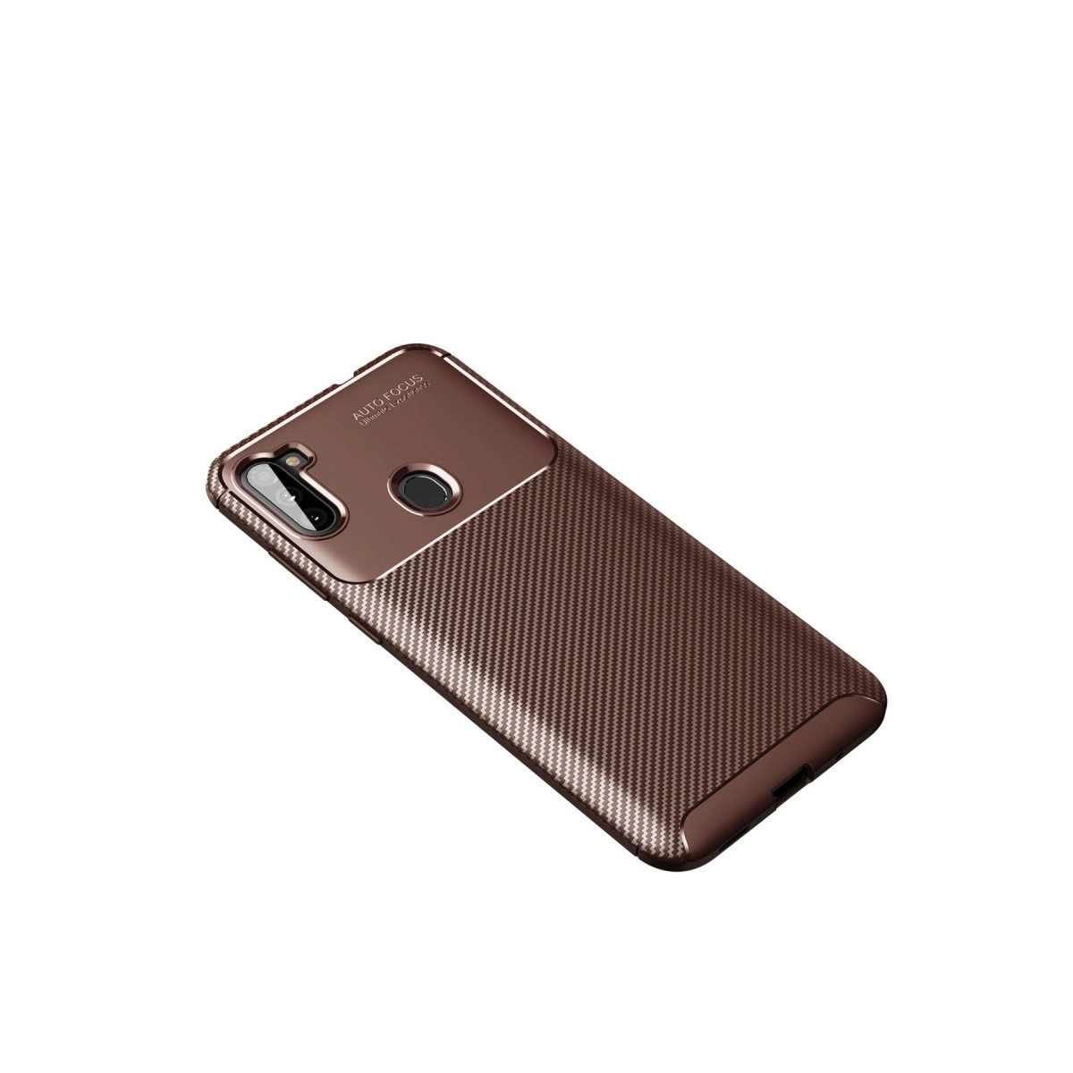 Karbon fiber dokulu kahverengi telefon kılıfı ve kamera modülü.