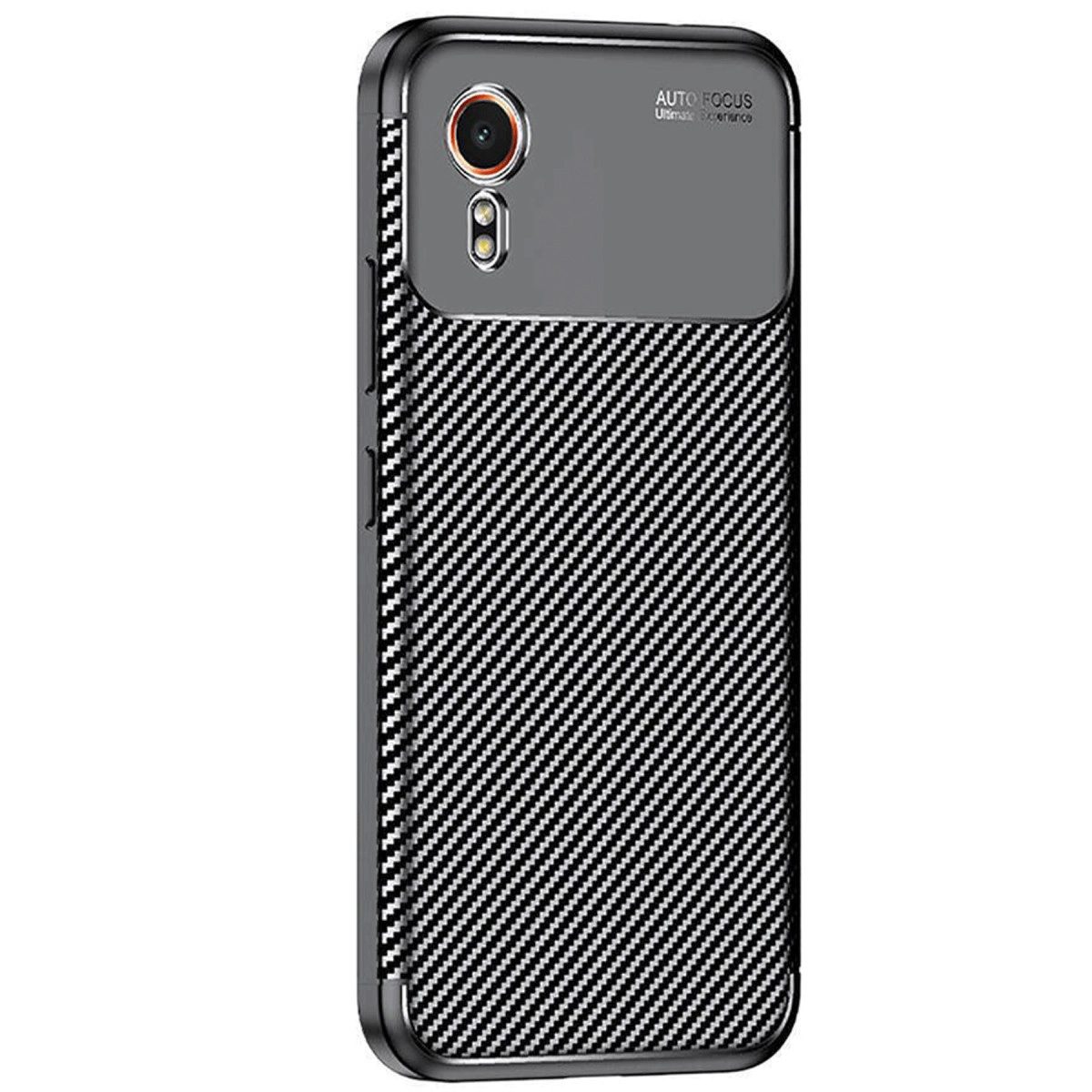 Karbon fiber desenli ve kamera modüllü siyah telefon kılıfı.