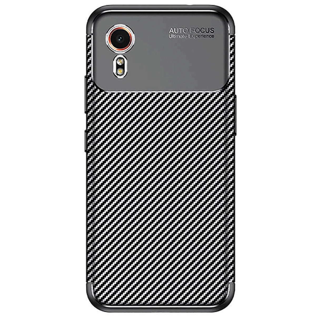 Karbon fiber desenli ve çift kameralı siyah telefon kılıfı.