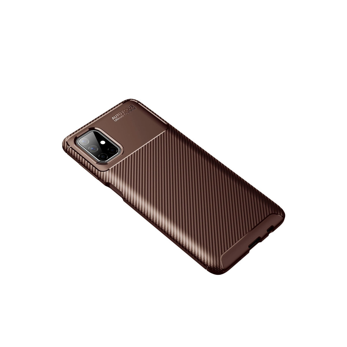 Karbon fiber dokulu kahverengi telefon kılıfı ve kamera modülü. Beyaz arka plan.