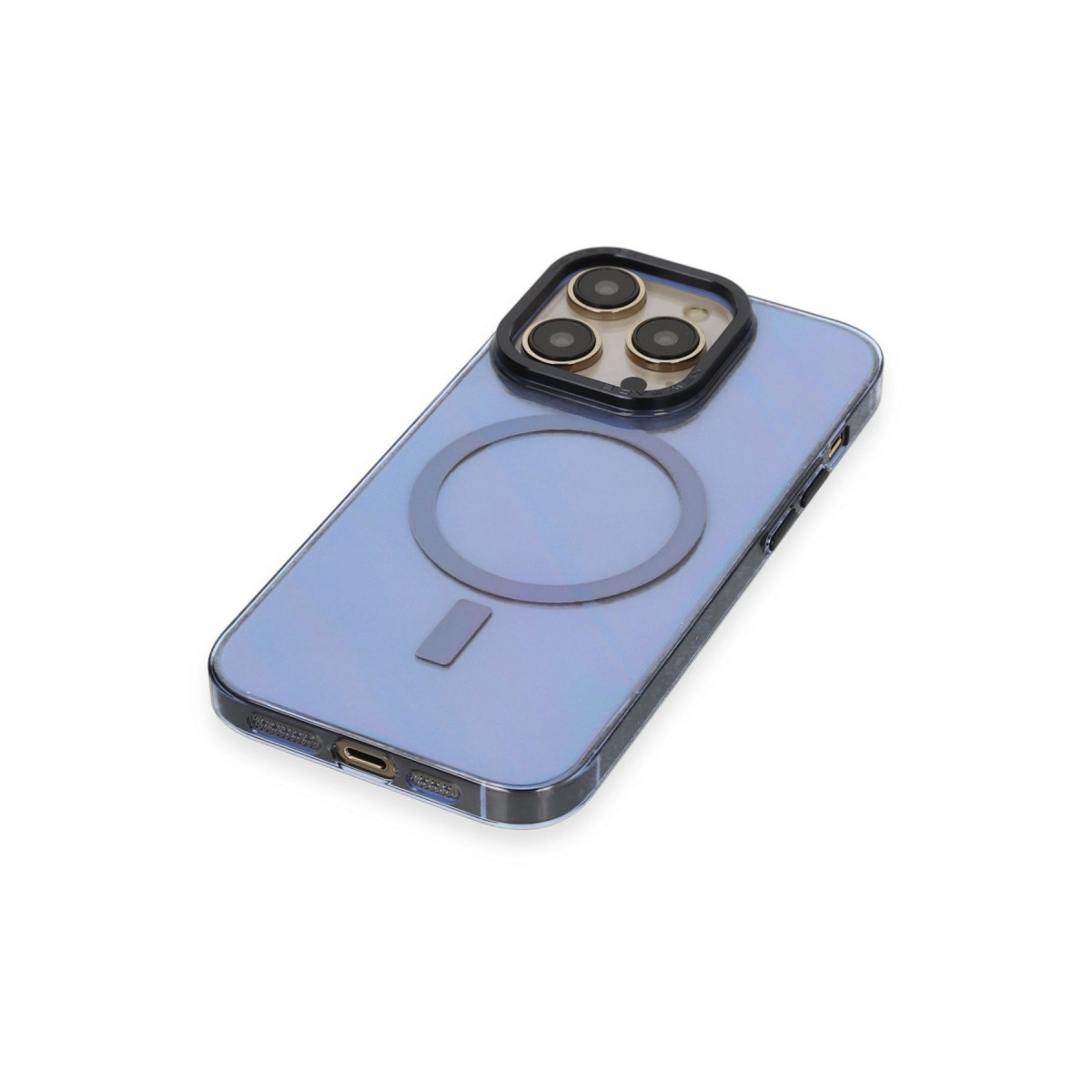 Üç kameralı mavi telefon, beyaz arka plan üzerinde manyetik halkalı.