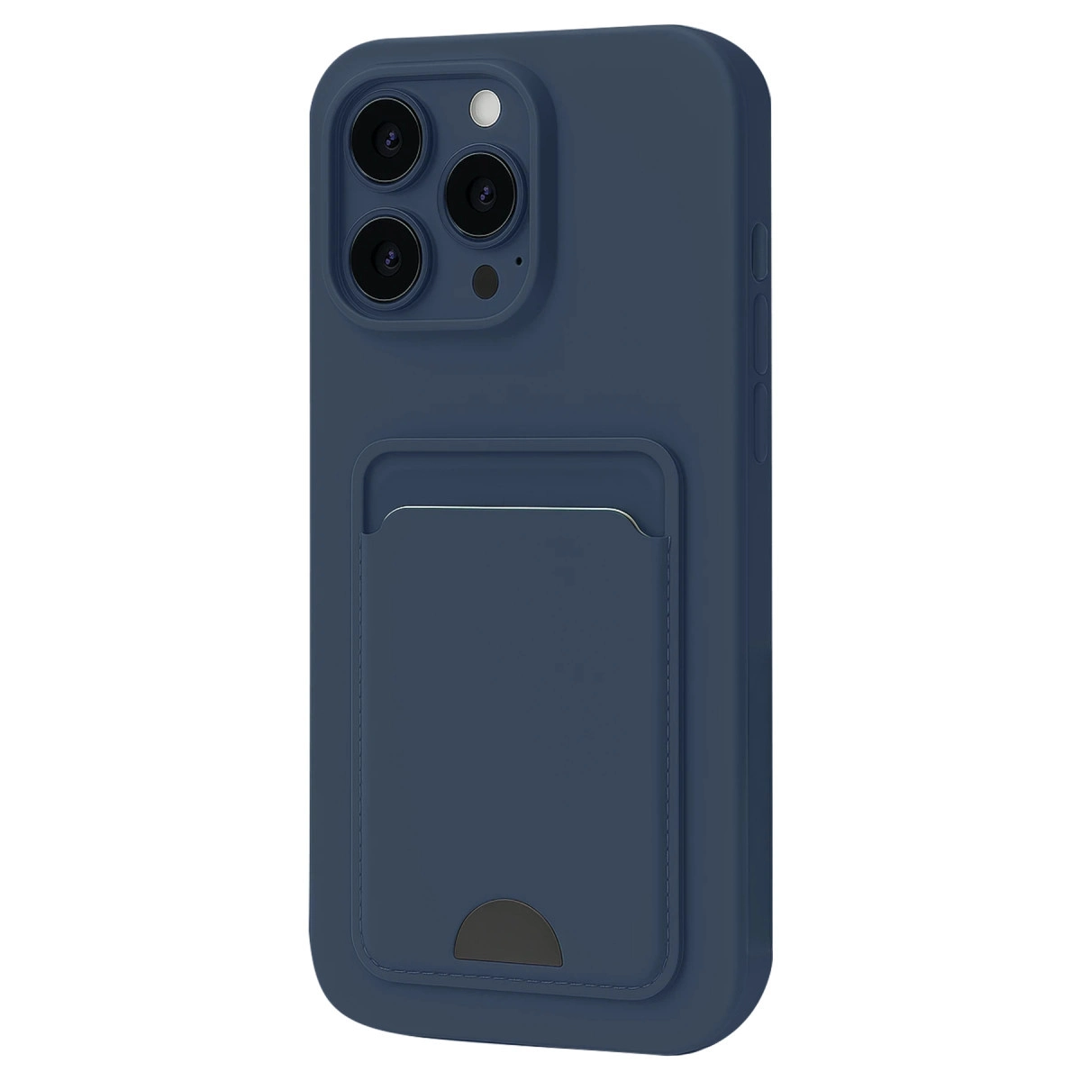 Koyu mavi telefon kılıfı, kartlık ve üç arka kamera lensi.