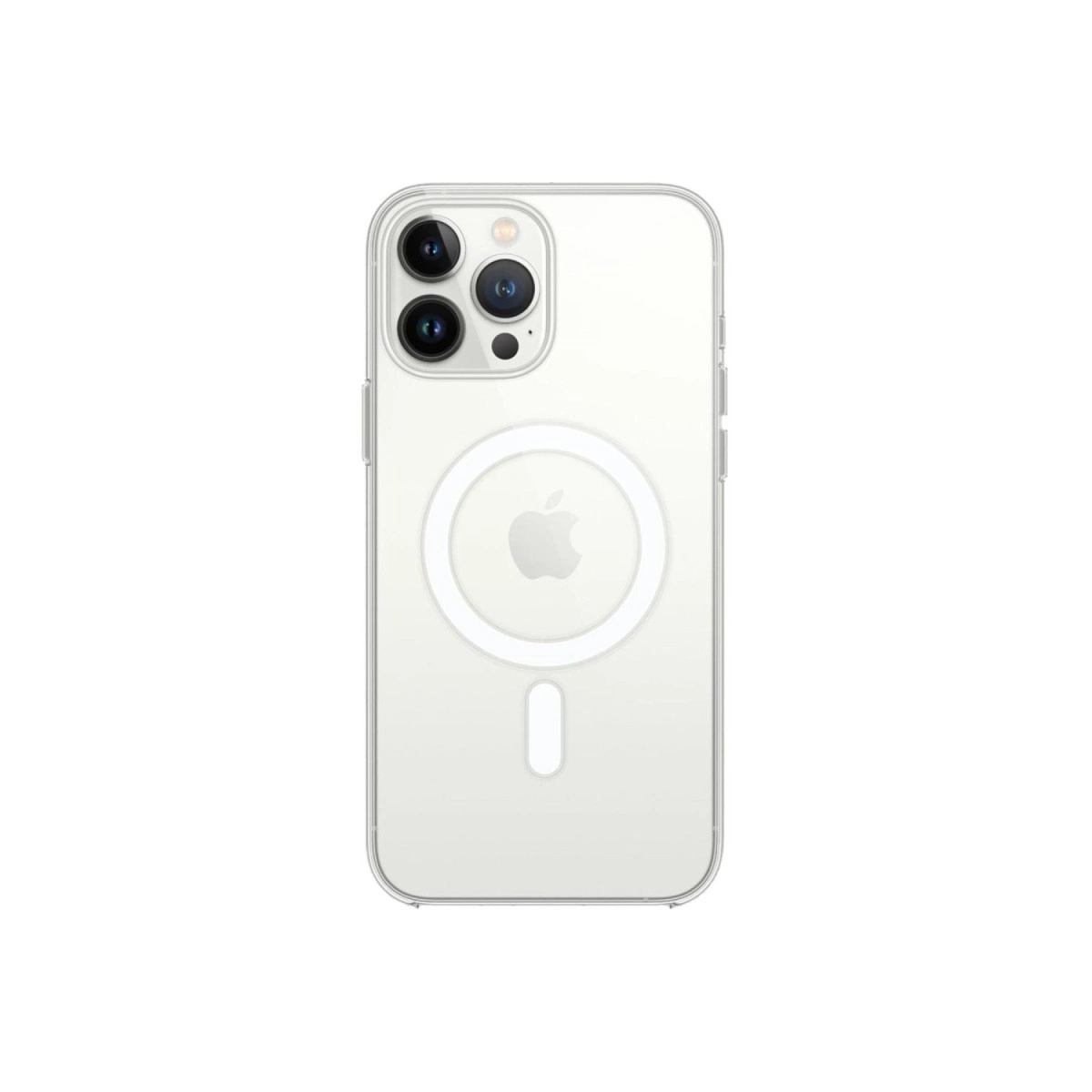 Üç kameralı ve Apple logolu şeffaf telefon kılıfı.