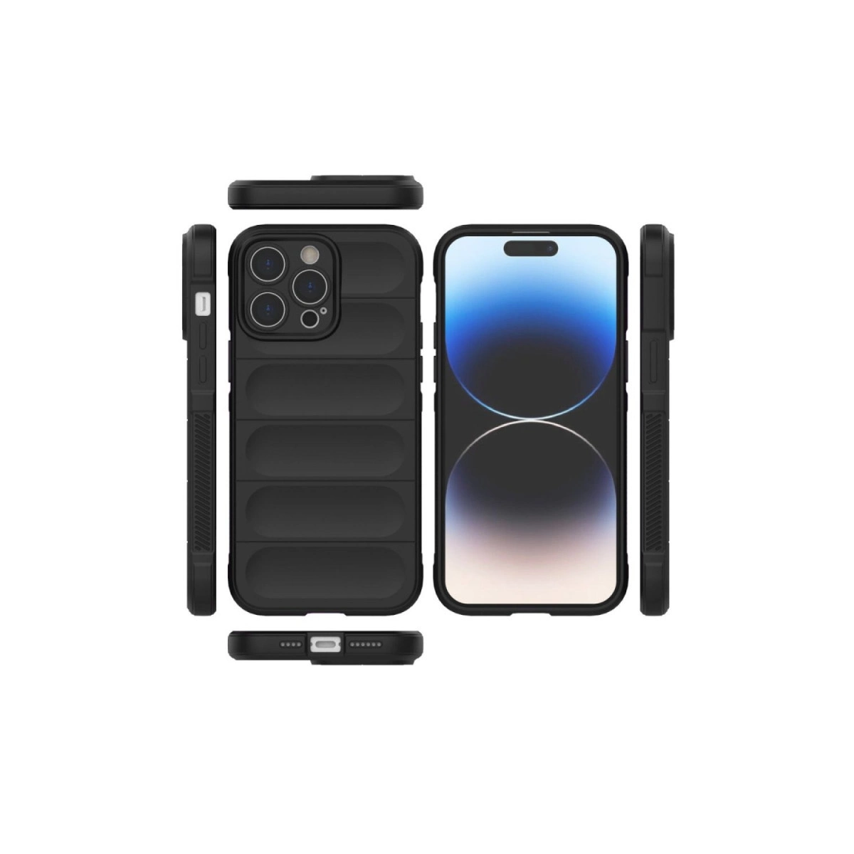 Ön, arka, yan ve alt görünümleri gösteren siyah telefon kılıfı seti.