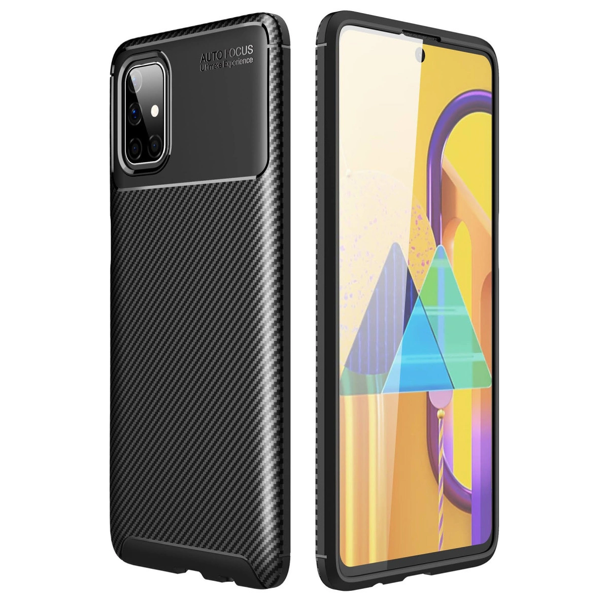 Karbon fiber dokulu, kamera kesimli siyah telefon kılıfı.