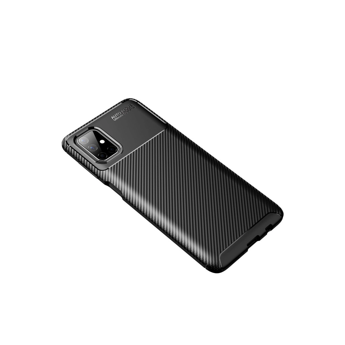 Karbon fiber desenli ve kamera kesimli siyah telefon kılıfı.