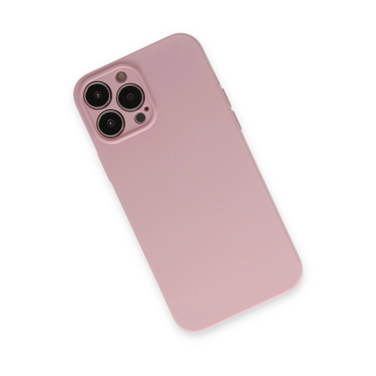 Üçlü kamera sistemli pembe telefon kılıfı beyaz arka plan üzerinde gösteriliyor.