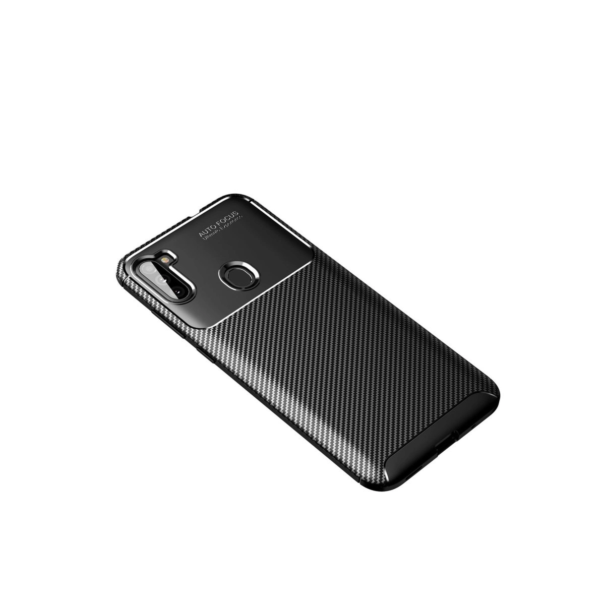 Karbon fiber desenli ve parmak izi sensörlü siyah telefon kılıfı.