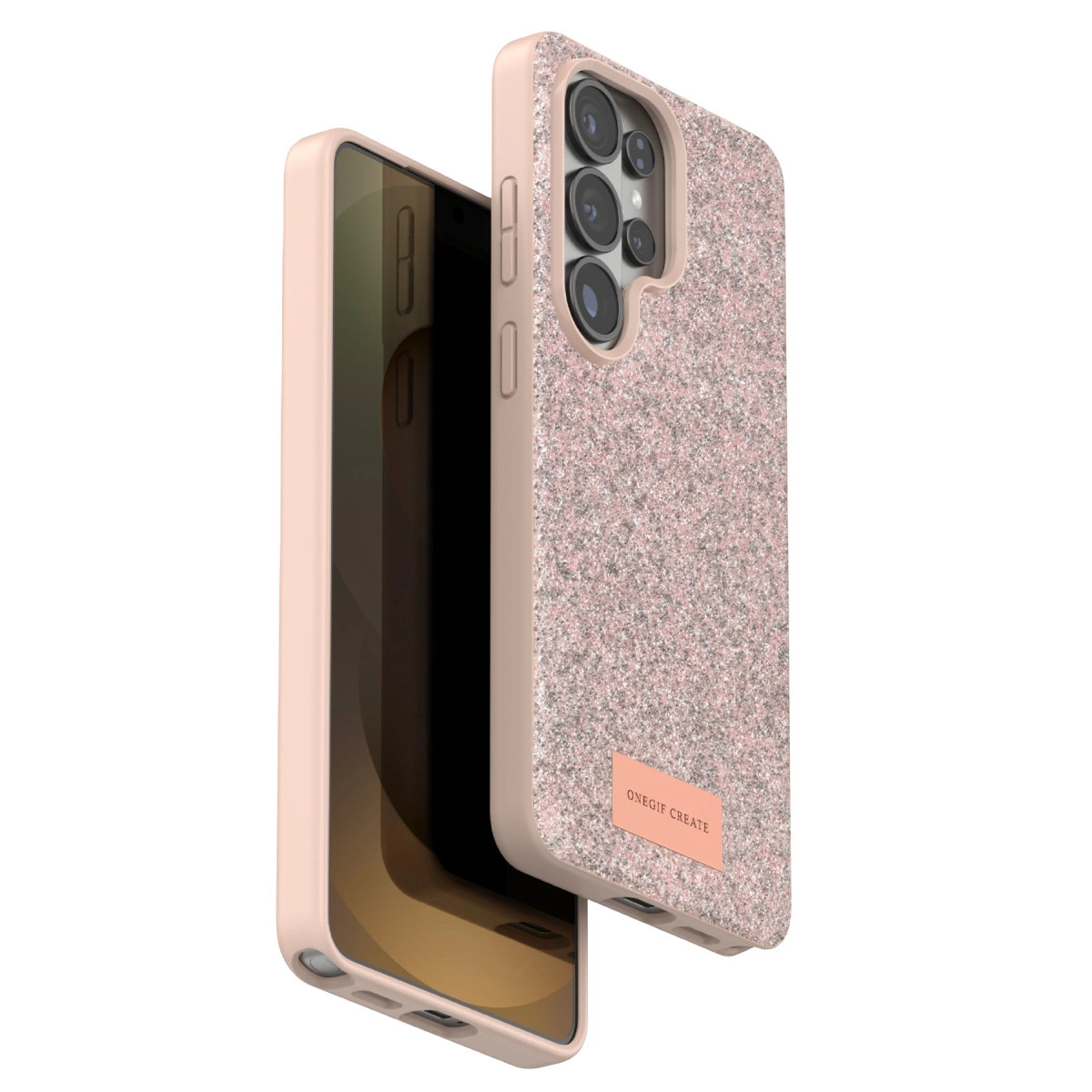 Simli kılıflı pembe telefon ve kamera modülü.