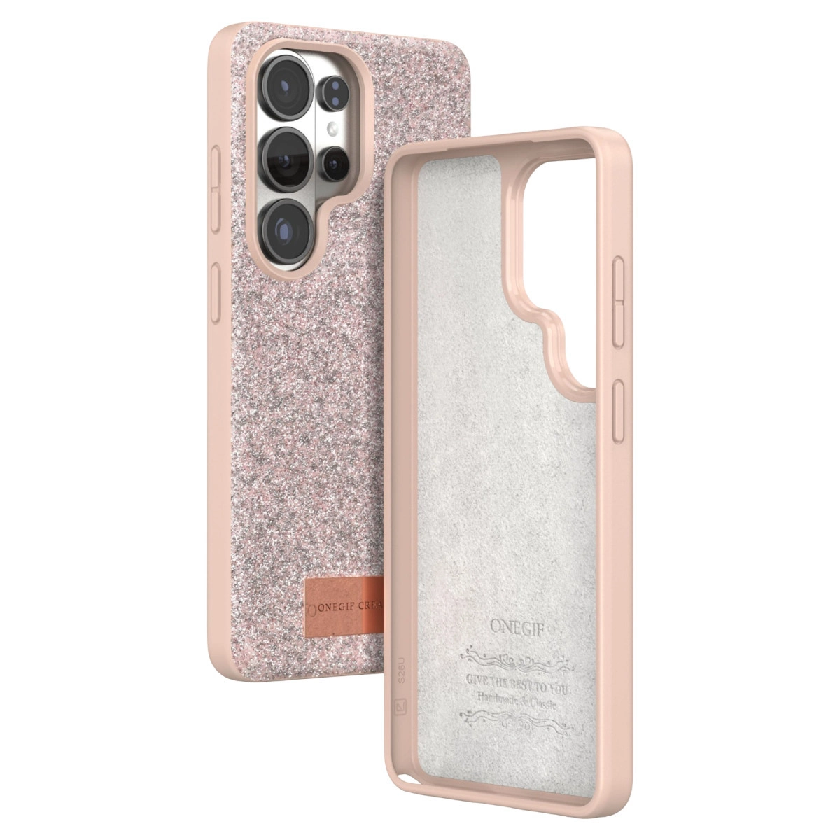 Pembe simli telefon kılıfı ve uyumlu bir çerçeve.