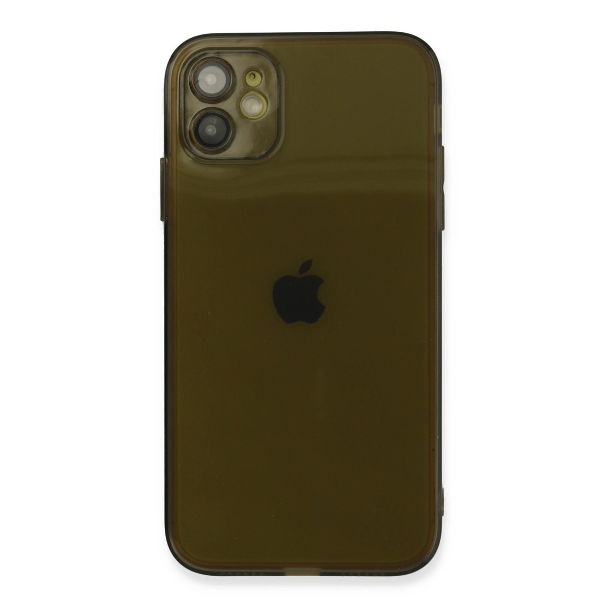 Apple logosu ve iki kamerası olan zeytin yeşili iPhone'un arkası.