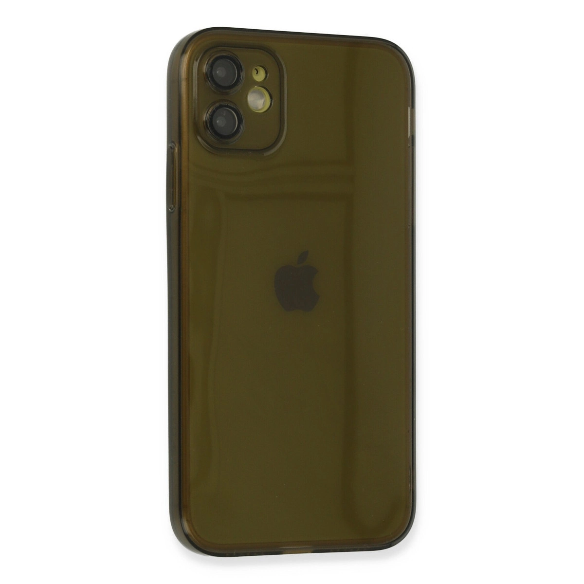 Arkada iki kamerası ve elma logosu olan zeytin yeşili bir iPhone.