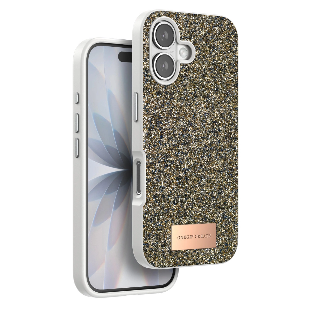 Kamera lensli, parlak altın rengi telefon kılıfı.