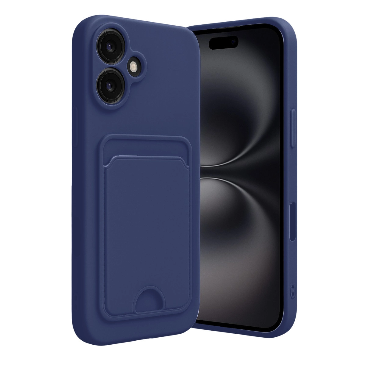 Akıllı telefon önünde kart tutuculu lacivert telefon kılıfı.