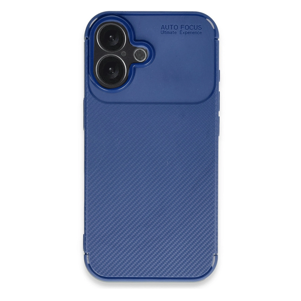Karbon fiber desenli mavi telefon kılıfı ve kamera açıklığı.