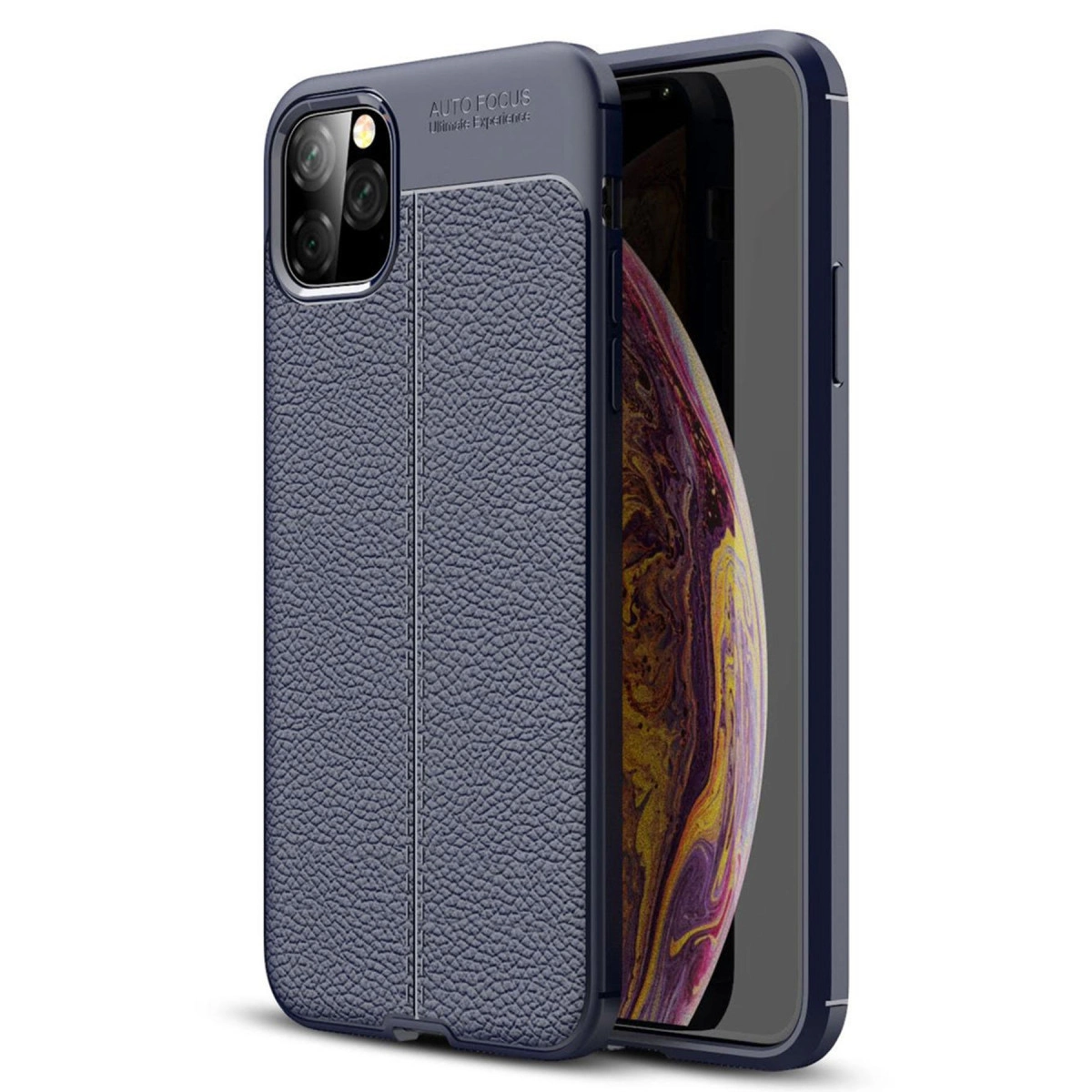 Üçlü lensli, lacivert deri dokulu telefon kılıfı.