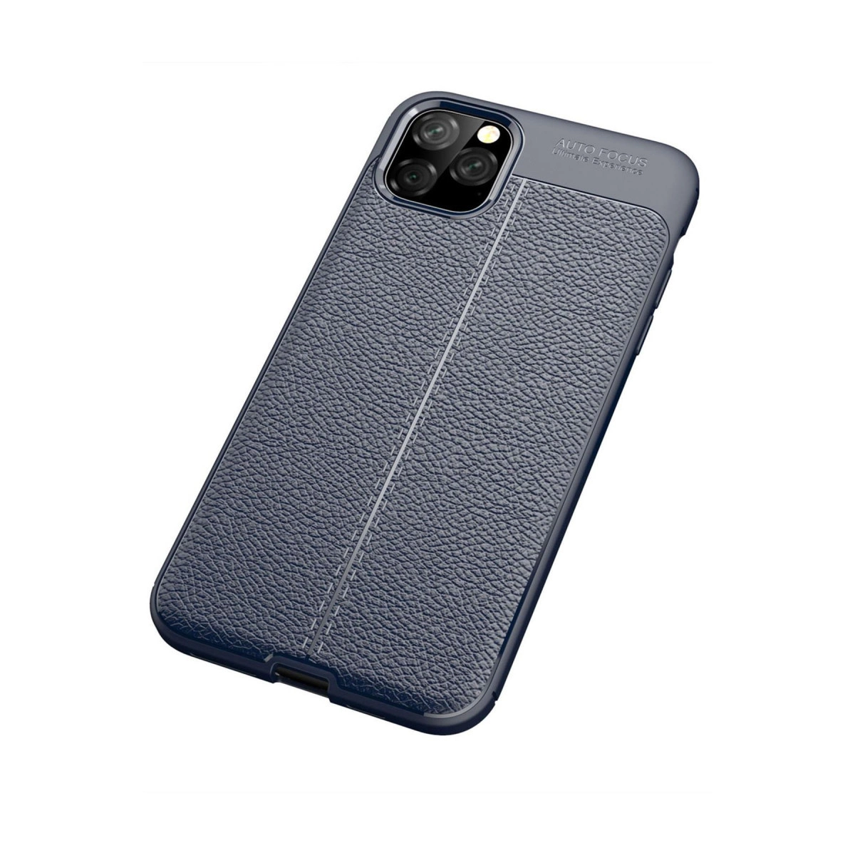 Koyu mavi, deri dokulu telefon kılıfı ve kamera lensi.