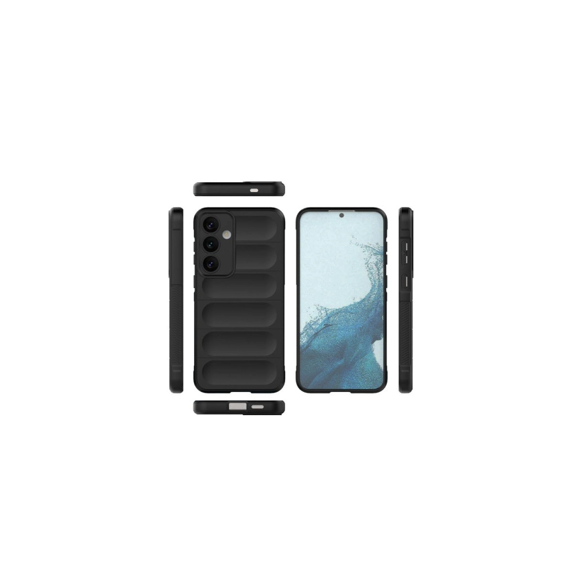 Yivli siyah telefon kılıfı ve mavi duvar kağıtlı akıllı telefon önü.