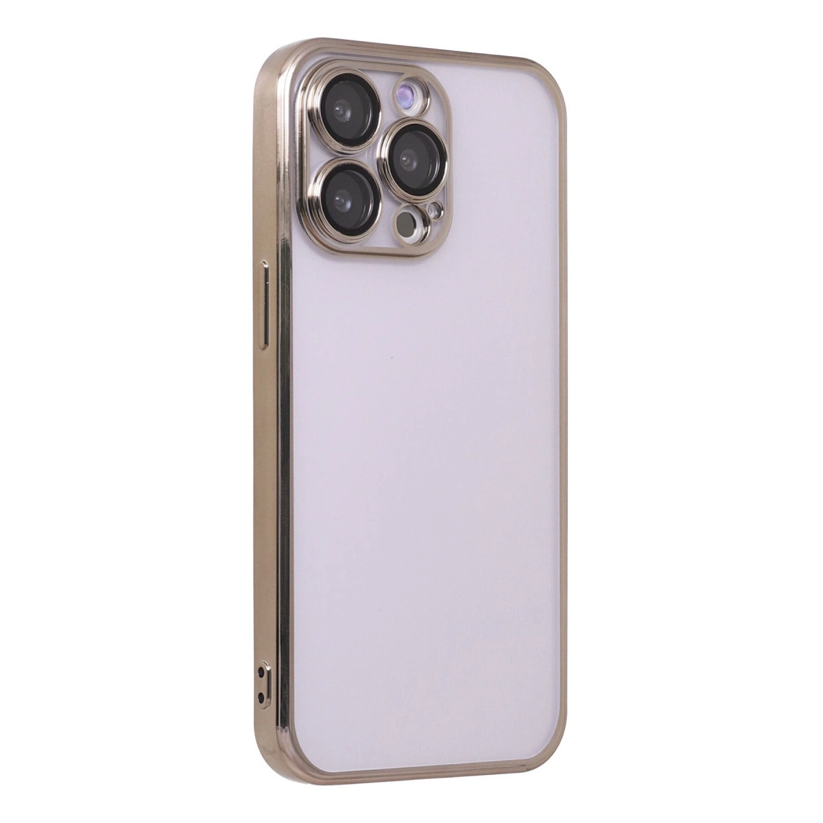 Beyaz arka plan üzerinde üç kamera lensli gümüş iPhone kılıfı.