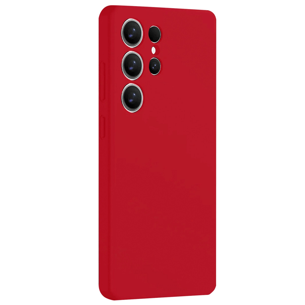 Arkada dört kamera lensli kırmızı telefon kılıfı.
