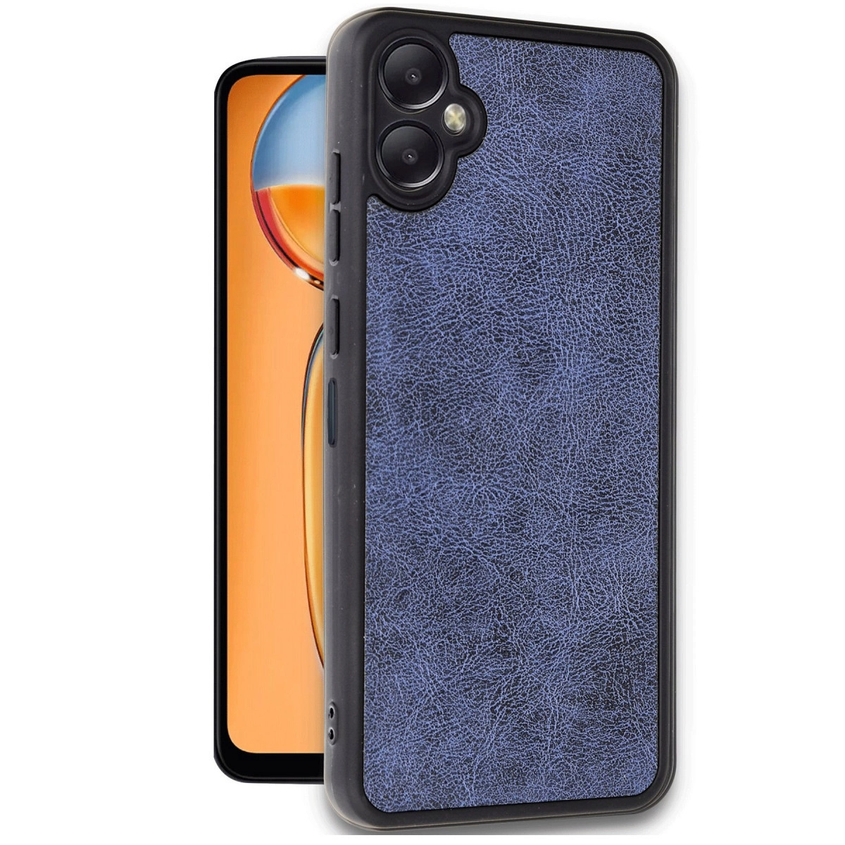 Doku kaplı deri kılıflı mavi telefon, yakın çekim.